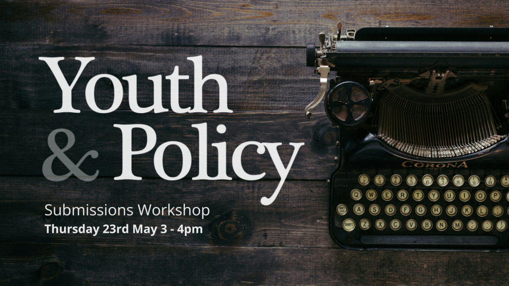 Youth and policy logo overlayed onto Typewriter sitting on wooden background